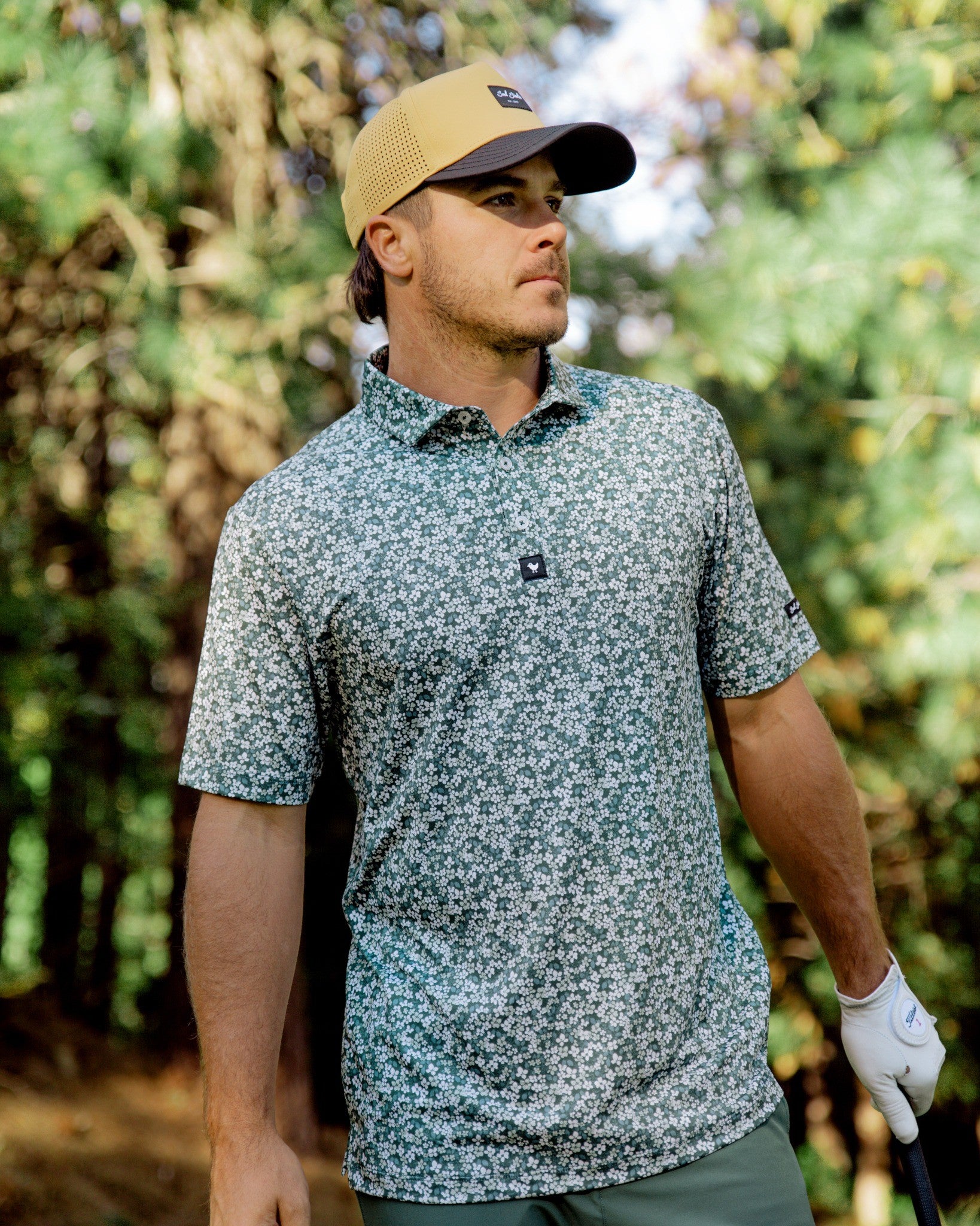 Green Micro Floral-Men's Polo-Bad Birdie-with-Micah-Morris